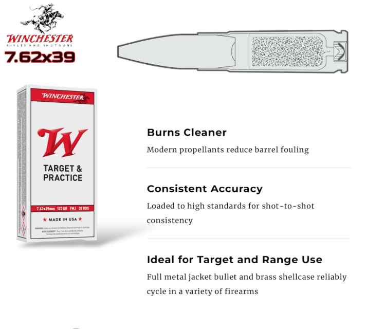 Winchester 7.62x39mm 123gr FMJ Ammo - 500Rds 